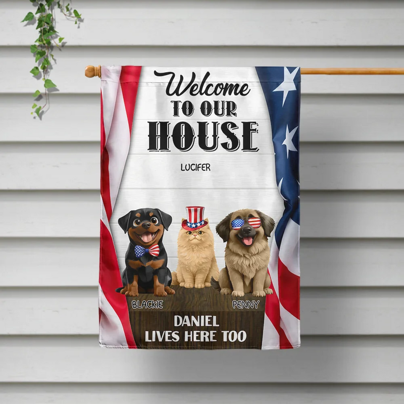 Pet Lovers,Dog Lovers,Cat Lovers,Family,Independence Day,Happy,Top Market - 3D Effect Dog Cat Welcome To Our House - Personalized Flag