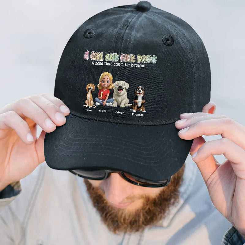 Dog Lovers, Dog Mom, Dog Dad, Summer, Pet Lovers, Pet Mom, Pet Dad, Happy - A Girl And Her Dogs - Personalized Vintage Washed Denim Cap
