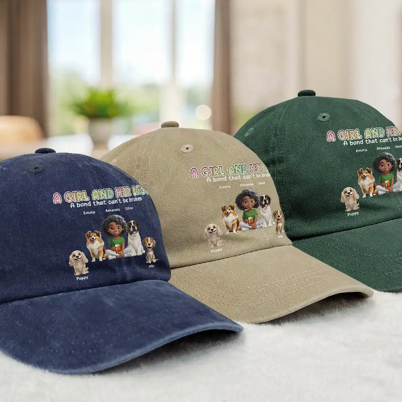 Dog Lovers, Dog Mom, Dog Dad, Summer, Pet Lovers, Pet Mom, Pet Dad, Happy - A Girl And Her Dogs - Personalized Vintage Washed Denim Cap