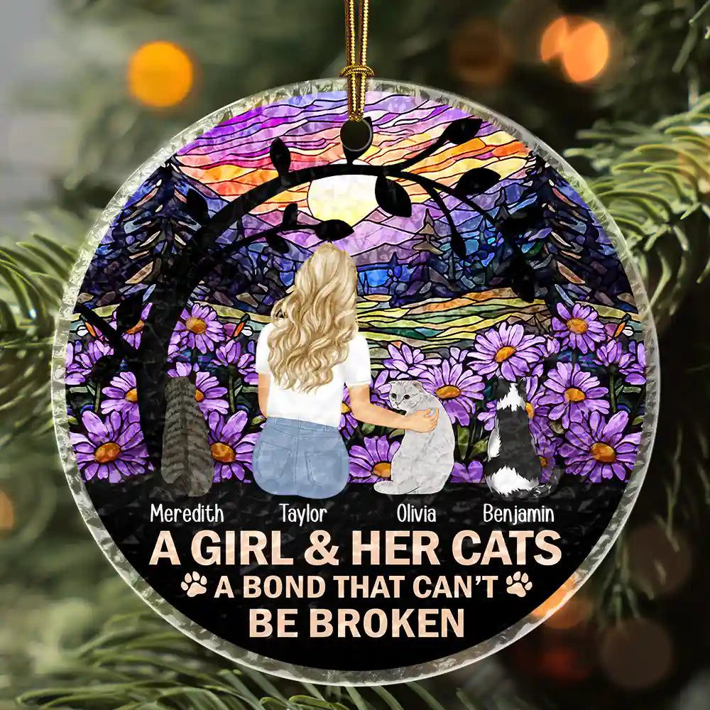 Dog Lovers,Cat Lovers,Pet Lovers,Love,Christmas - Flower Field A Girl And Her Dog And Cat - Personalized Stained Glass Ornament