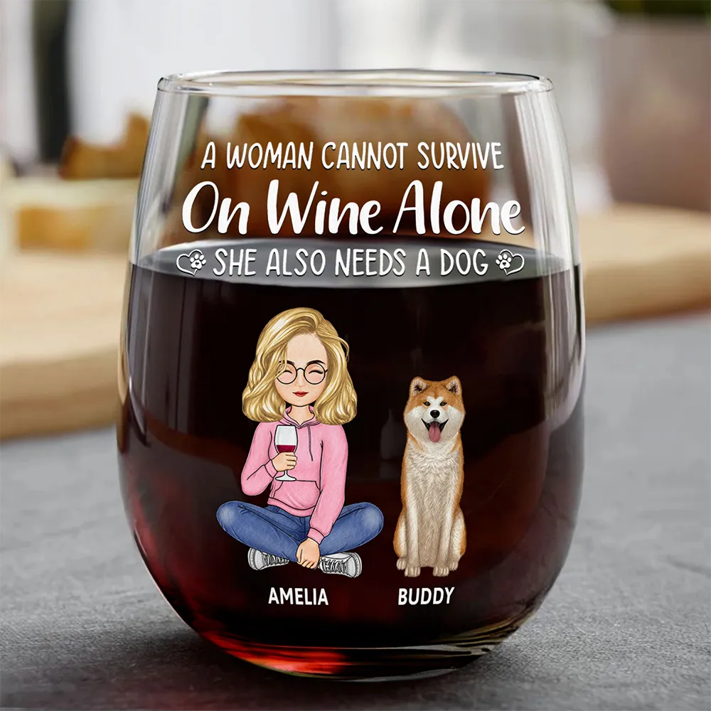 Dog Mom And Dog Dad Can't Survive On Wine Alone - Personalized Stemless Wine Glass