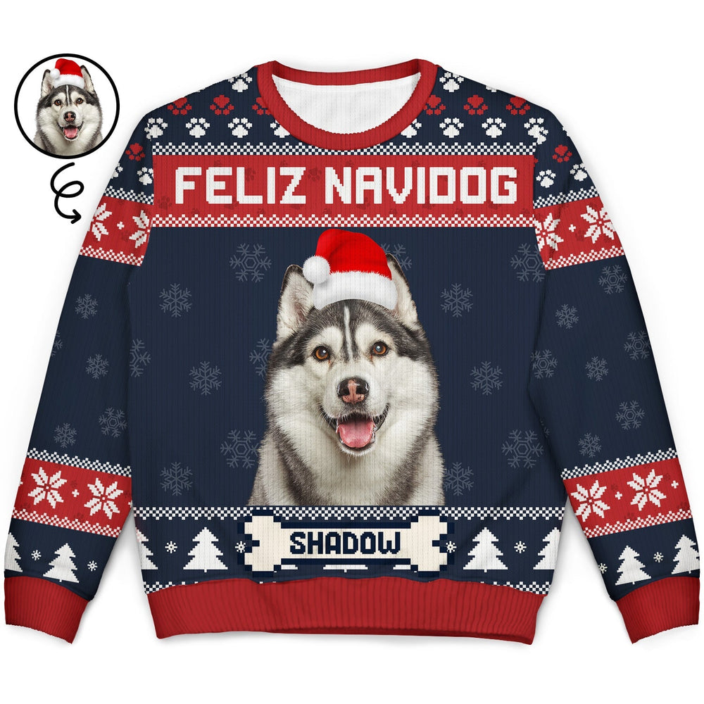 Custom Photo Feliz Navidog Funny - Personalized Unisex Ugly Sweater