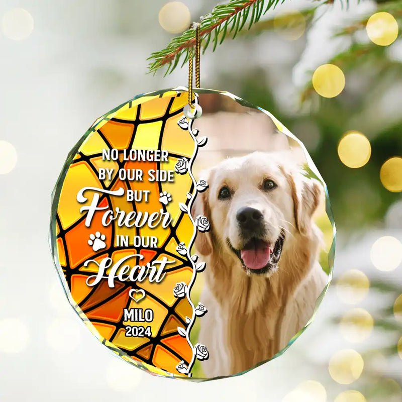 Custom Photo No Longer By Our Side Pet Memorial Heart - Personalized Circle Glass Ornament
