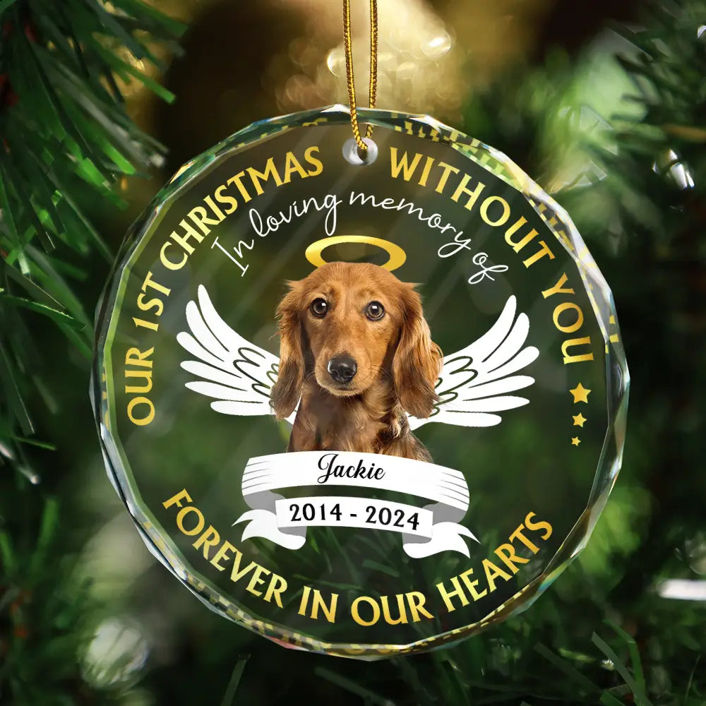 Memorial, Pet Lovers - Custom Photo Our First Christmas Without You Pet Memorial - Personalized Glass Ornament