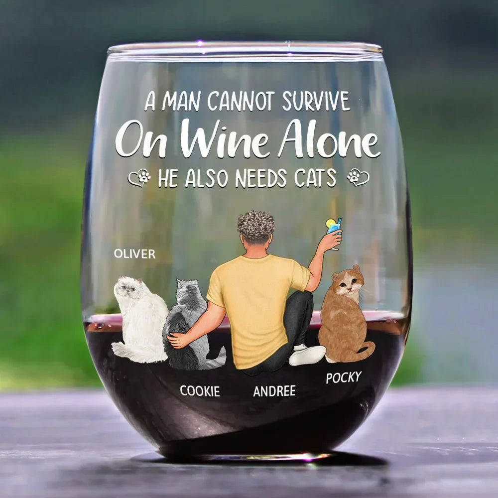 Cat Mom A Woman Cannot Survive On Wine Alone - Personalized Stemless Wine Glass