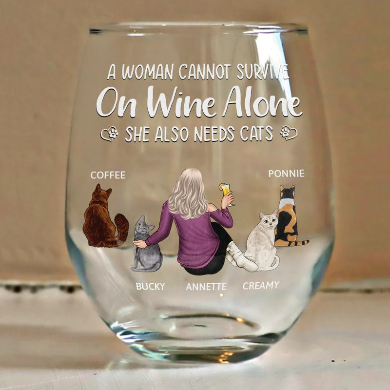Happy,Gift For Yourself,Gift For Women,Cat Lovers,Cat Mom,Pet Lovers - A Woman Cannot Survive On Wine Alone Cat Mom - Personalized Stemless Wine Glass