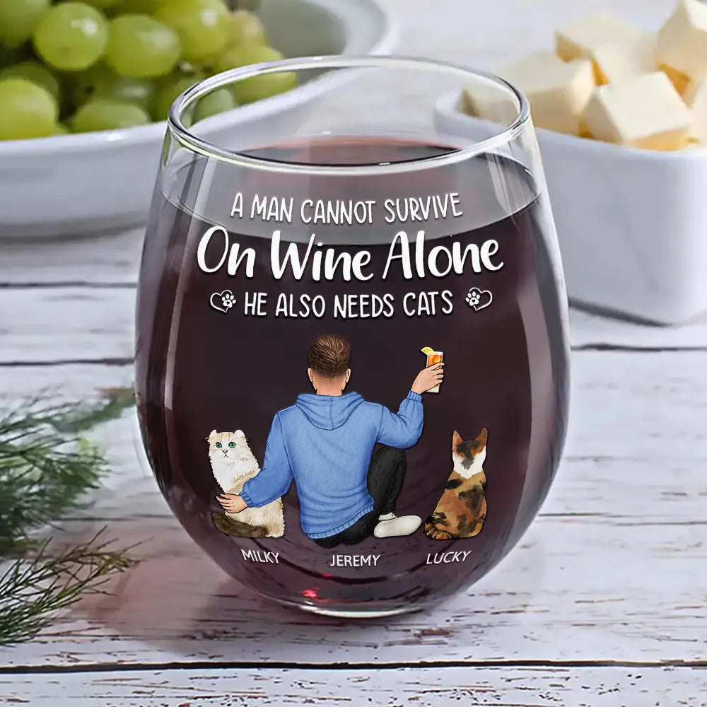 Cat Mom A Woman Cannot Survive On Wine Alone - Personalized Stemless Wine Glass