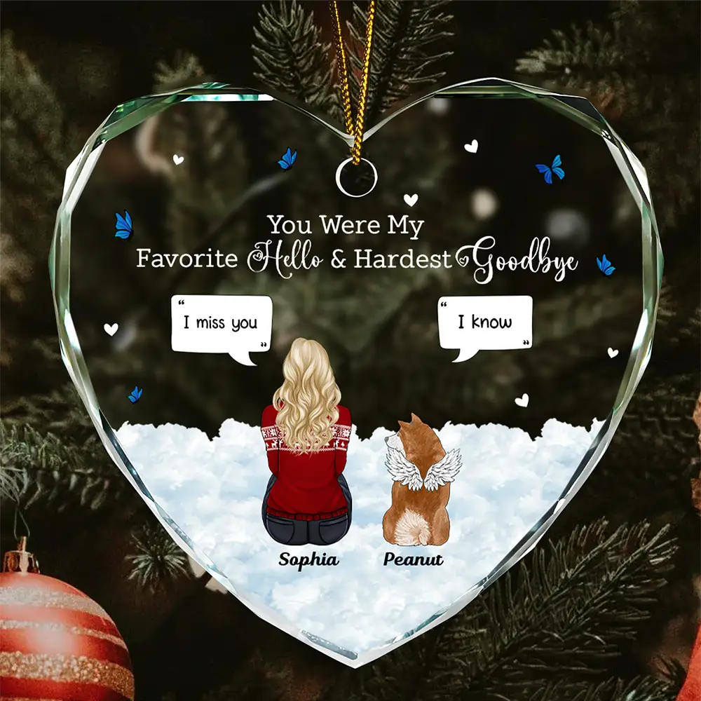 Memorial, Pet Lovers, Dog Lovers, Cat Lovers - Memorial Dog Cat You Were My Favorite Hello And Hardest Goodbye - Personalized Heart Shaped Glass Ornament