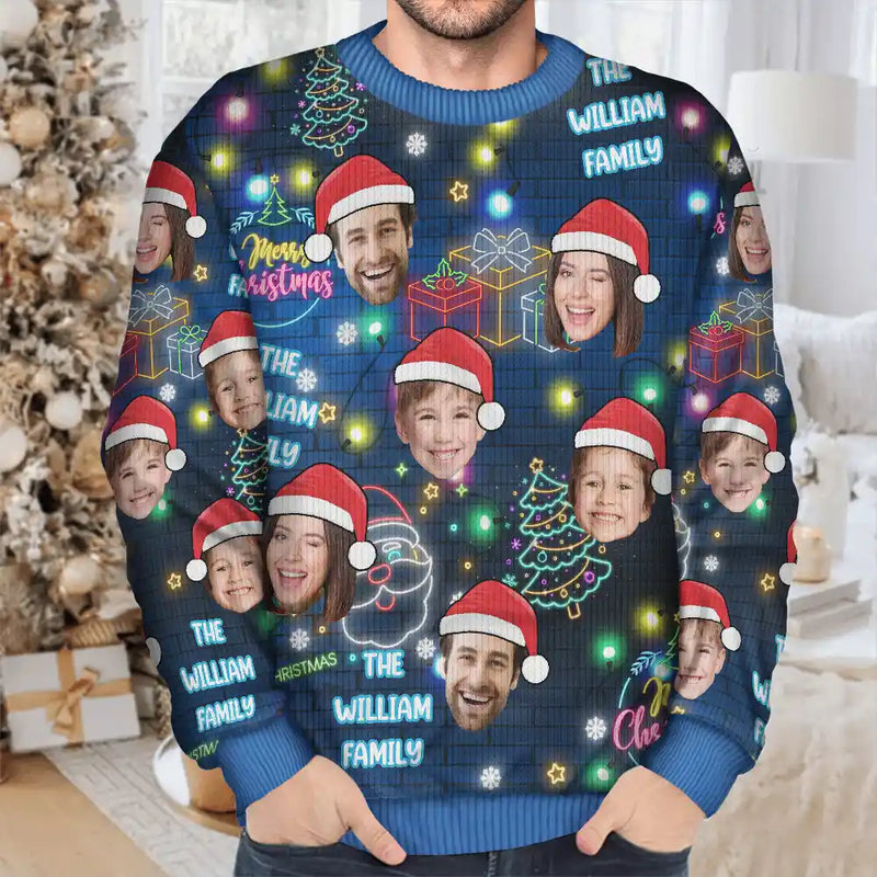 Continue Shopping,Christmas,Custom Photo,Family,Pet Lovers,Dog Lovers,Cat Lovers,Happy - Custom Photo Funny Family Pet Face Neon Light Style - Personalized Unisex Ugly Sweater