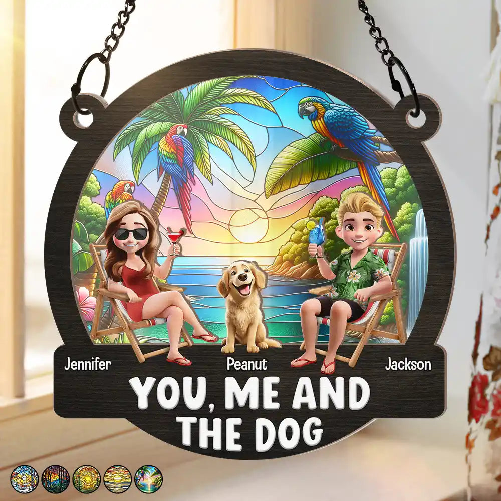 Beach You, Me And The Dog - Personalized Window Hanging Suncatcher Ornament