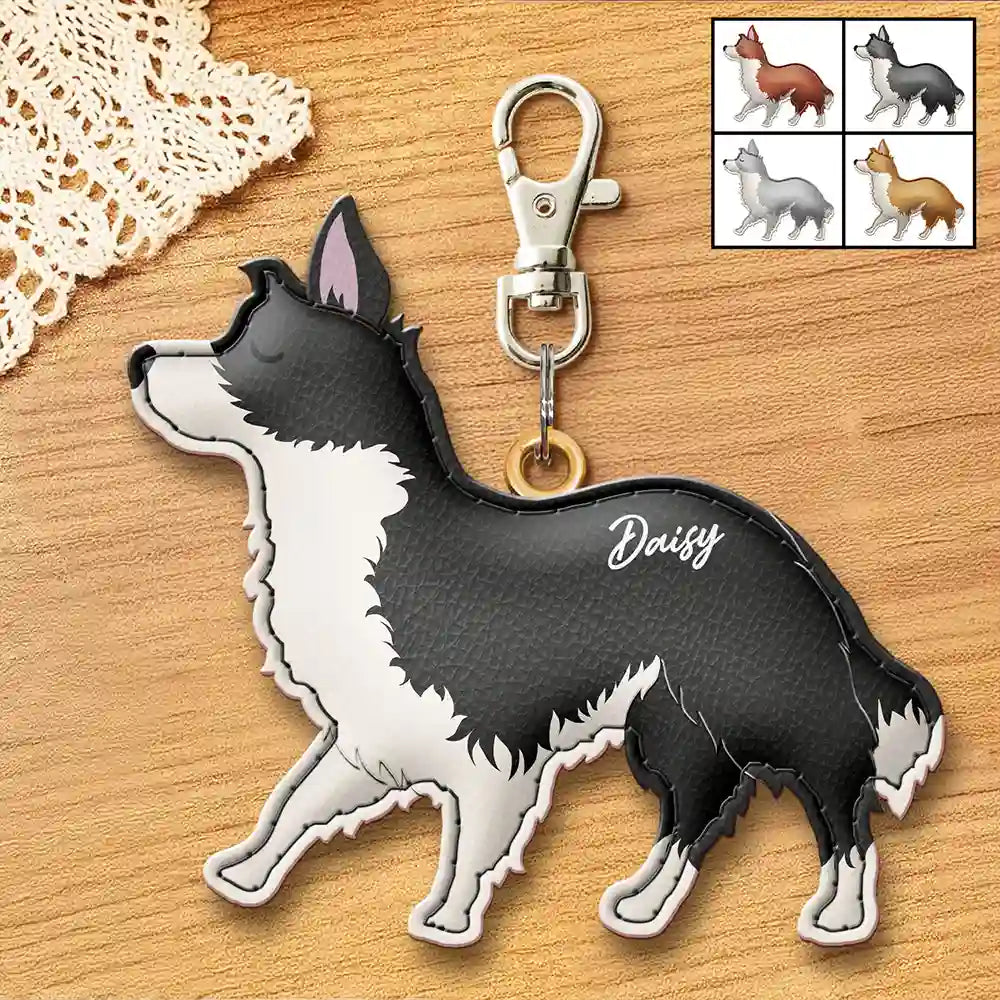 Border Collie Shaped, Dog Lovers Charm - Personalized Dog Leather Bag Charm, Keychain