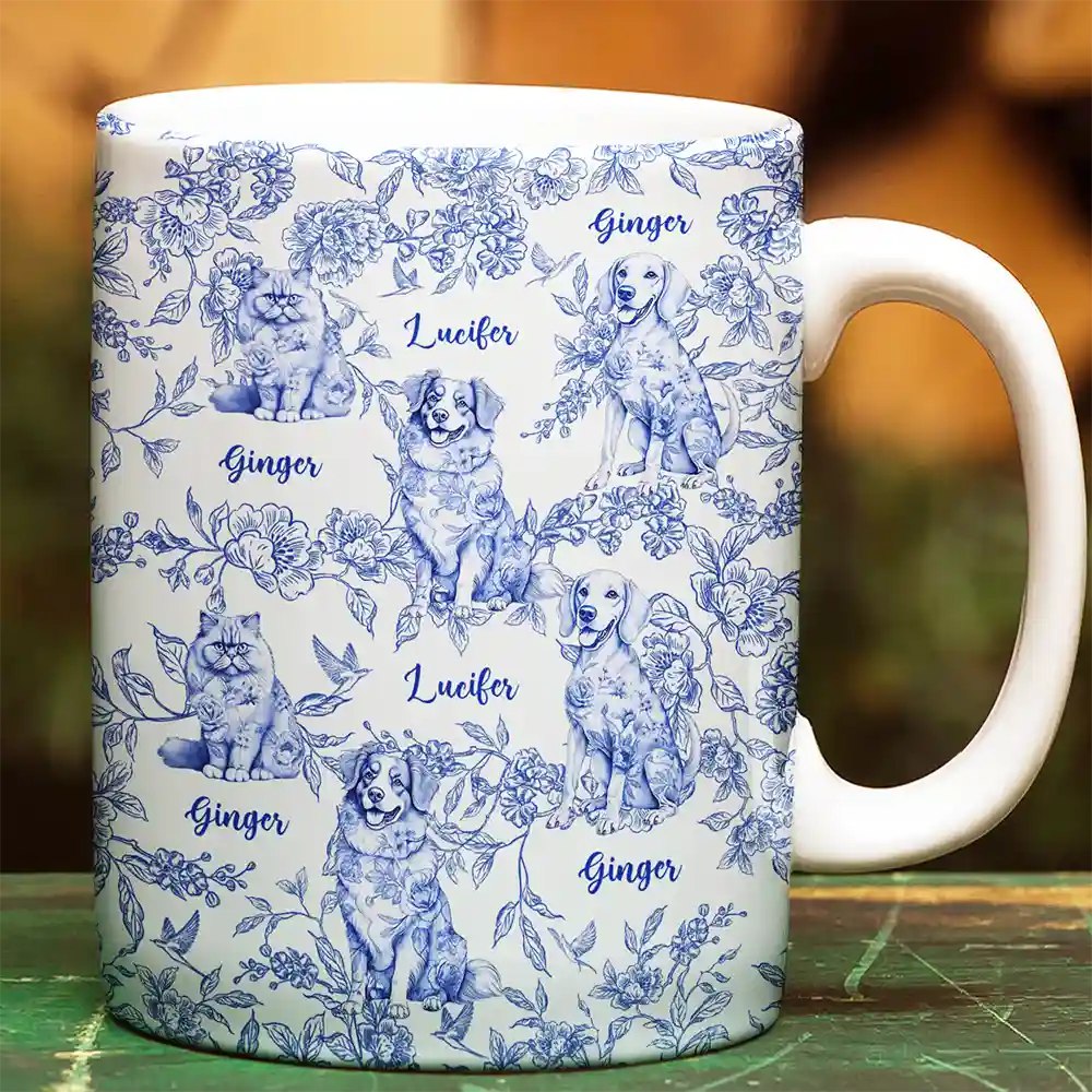 Chinoiserie Toile Cat Dog Design - Personalized White Edge-to-Edge Mug