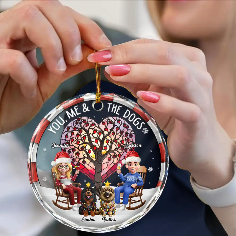 Gift For Couples,Gift For Husband,Gift For Wife,Gift For Boyfriend,Gift For Girlfriend,Pet Lovers,Pet Couple,Dog Lovers,Dog Couple,Love,Christmas - Christmas Tree You Me And The Dog - Personalized Circle Glass Ornament
