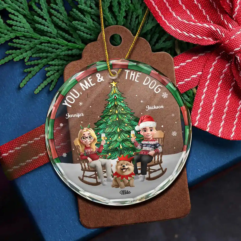 Gift For Couples,Gift For Husband,Gift For Wife,Gift For Boyfriend,Gift For Girlfriend,Pet Lovers,Pet Couple,Dog Lovers,Dog Couple,Love,Christmas - Christmas Tree You Me And The Dog - Personalized Circle Glass Ornament