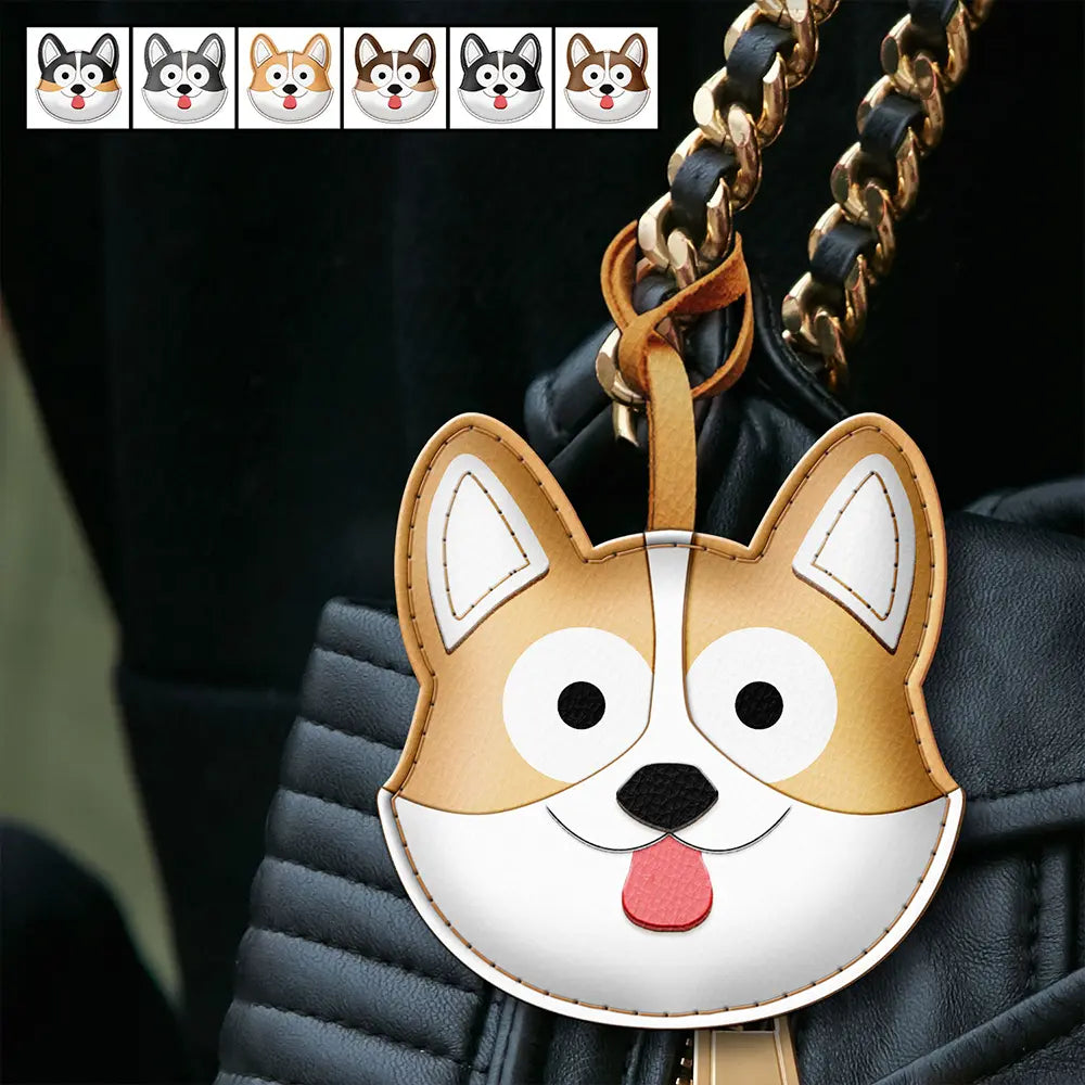 Corgi Face Shaped - Personalized Dog Leather Bag Charm, Keychain