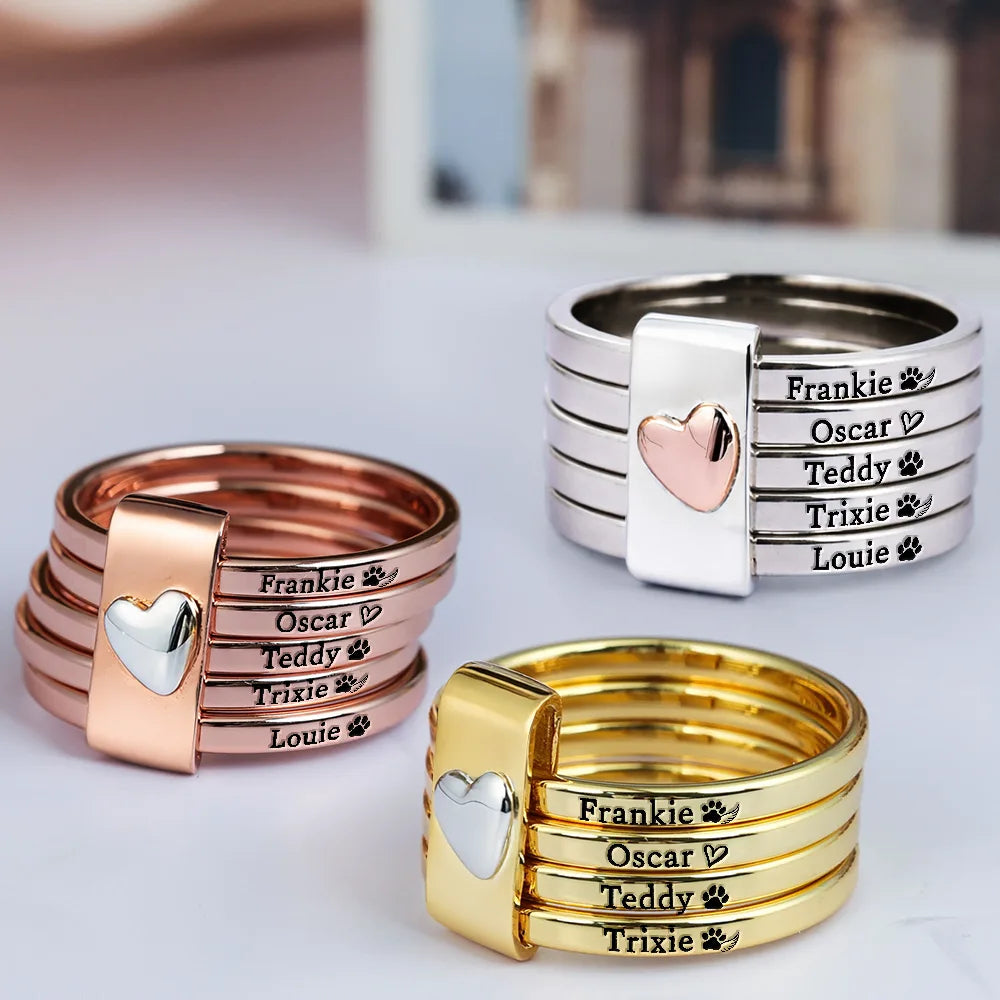 Custom Name Jewelry For Cat Moms Dog Moms - Personalized Heart Stacking Rings