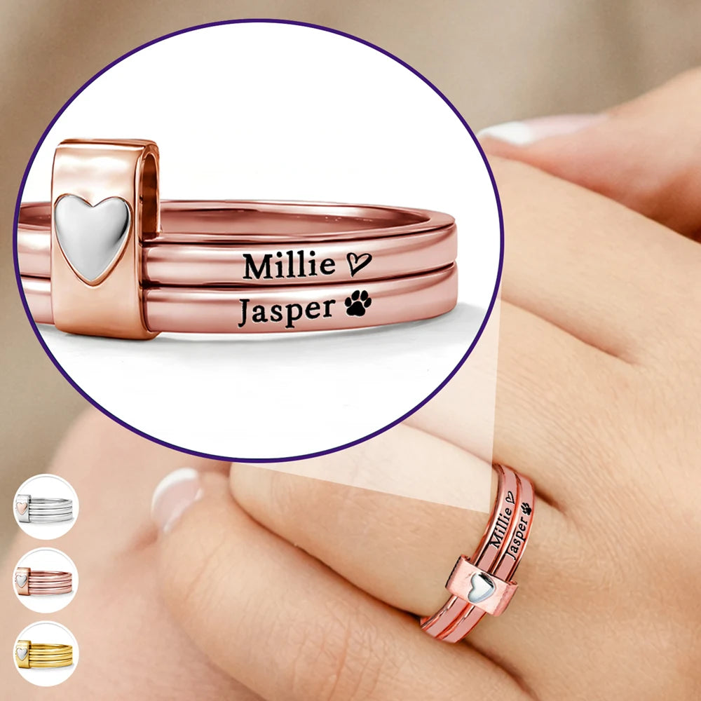 Custom Name Jewelry For Cat Moms Dog Moms - Personalized Heart Stacking Rings