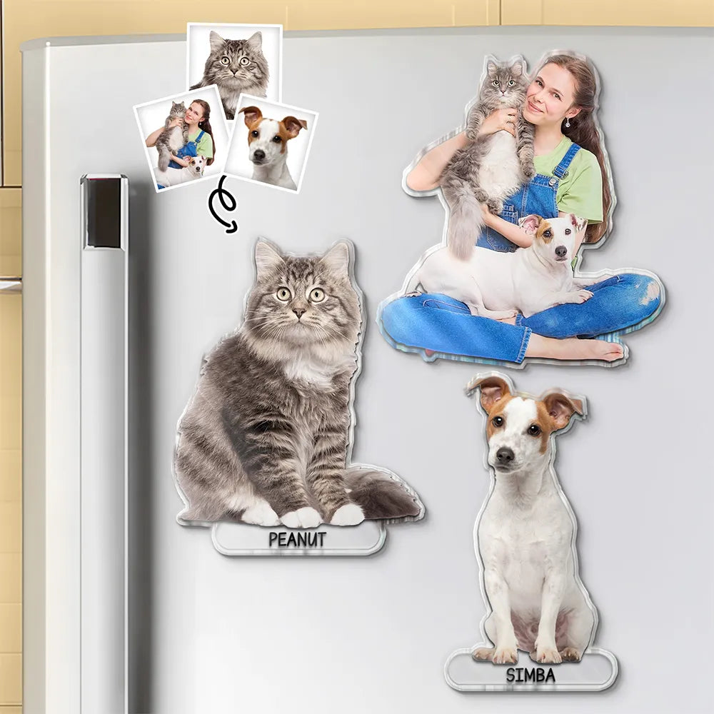Custom Photo Adorable Dog Cat With Name - Personalized Acrylic Fridge Magnet