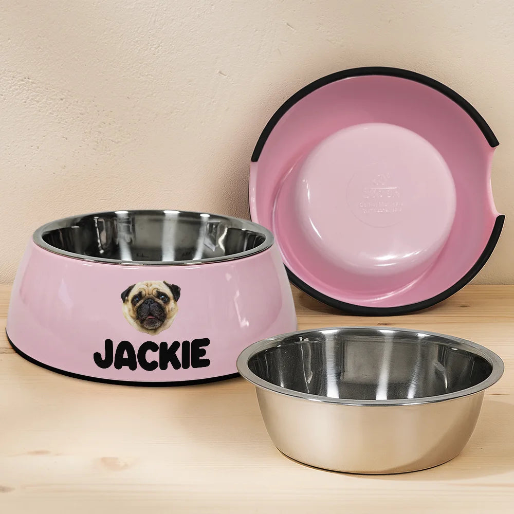 Pet Lovers,Happy,Cat Lovers,Dog Lovers-Custom Photo Adorable Dog Cat With Name - Personalized Removable Stainless Steel Pet Bowl