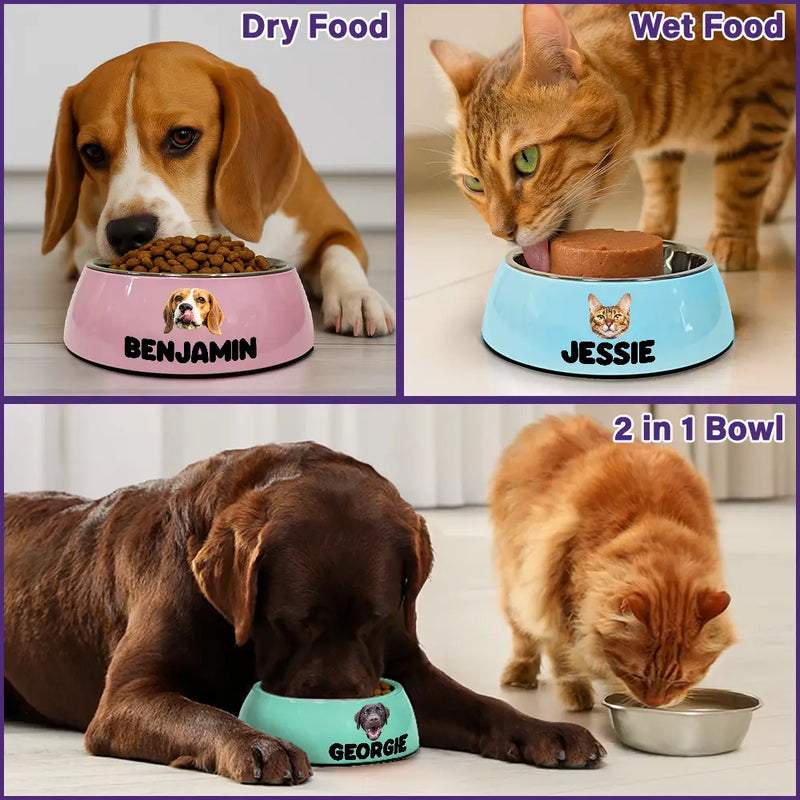 Pet Lovers,Happy,Cat Lovers,Dog Lovers-Custom Photo Adorable Dog Cat With Name - Personalized Removable Stainless Steel Pet Bowl