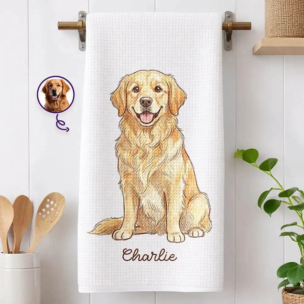 Custom Photo Colored Pencil Sketch Funny Cat Dog Pet - Personalized Kitchen Towel