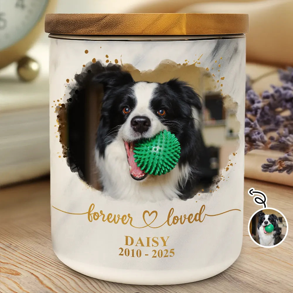 Custom Photo Dog Cat Memorial Keepsake Forever Loved - Personalized Ceramic Jar With Wooden Lid