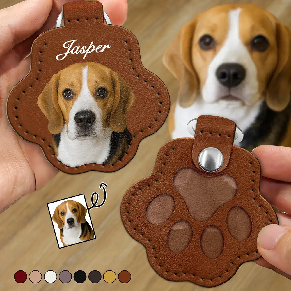 Custom Photo Dog Cat Pet Portrait - Personalized Paw Shaped Leather Keychain With Stitching