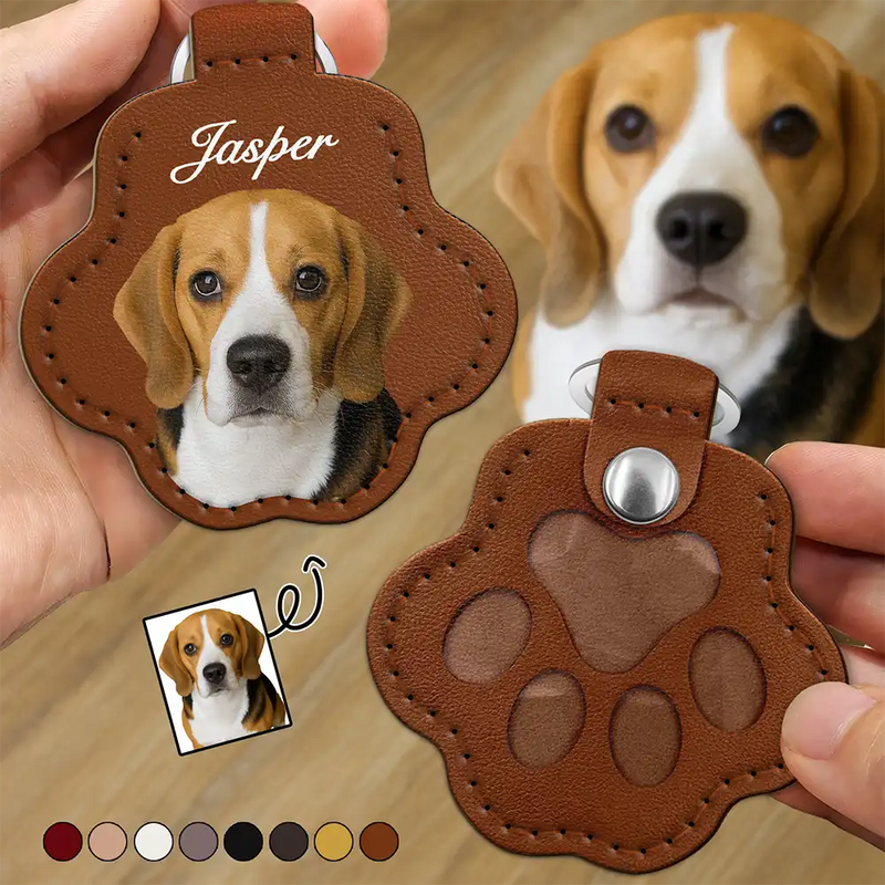 Pet Lovers, Dog Lovers, Cat Lovers - Custom Photo Dog Cat Pet Portrait - Personalized Paw Shaped Leather Keychain With Stitching