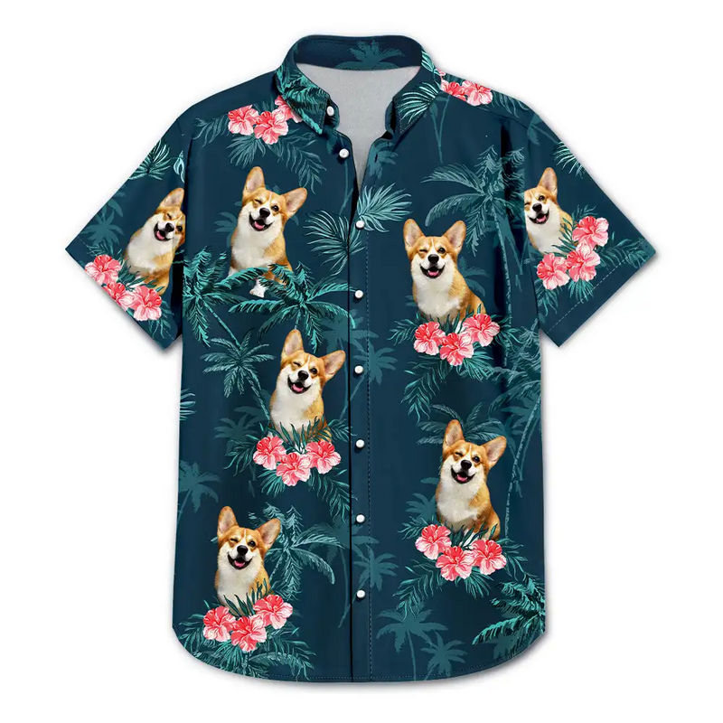Custom Photo,Pet Lovers,Pet Mom,Pet Dad,Dog Lovers,Dog Mom,Dog Dad,Family,Happy,Summer,Beach - Custom Photo Family Pet Face Palm Tree Pattern - Personalized Hawaiian Shirt