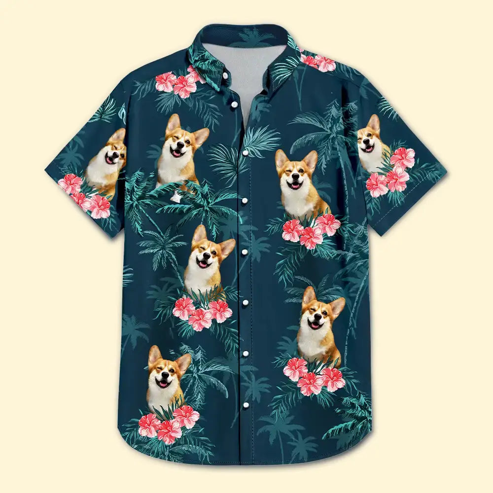 Custom Photo,Pet Lovers,Pet Mom,Pet Dad,Dog Lovers,Dog Mom,Dog Dad,Family,Happy,Summer,Beach - Custom Photo Family Pet Face Palm Tree Pattern - Personalized Hawaiian Shirt