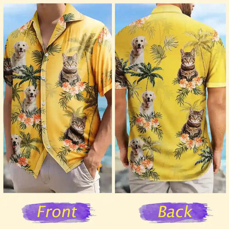 Custom Photo,Pet Lovers,Pet Mom,Pet Dad,Dog Lovers,Dog Mom,Dog Dad,Family,Happy,Summer,Beach - Custom Photo Family Pet Face Palm Tree Pattern - Personalized Hawaiian Shirt