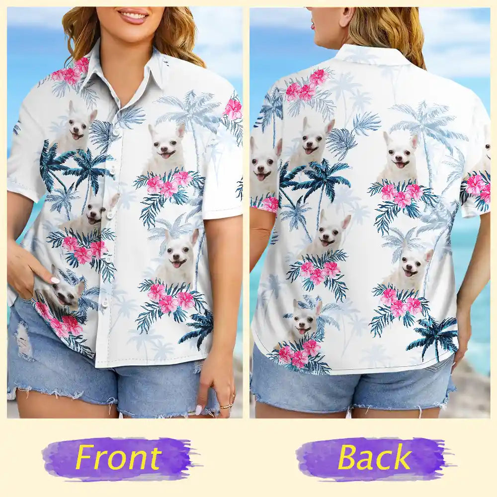Custom Photo,Pet Lovers,Pet Mom,Pet Dad,Dog Lovers,Dog Mom,Dog Dad,Family,Happy,Summer,Beach - Custom Photo Family Pet Face Palm Tree Pattern - Personalized Hawaiian Shirt
