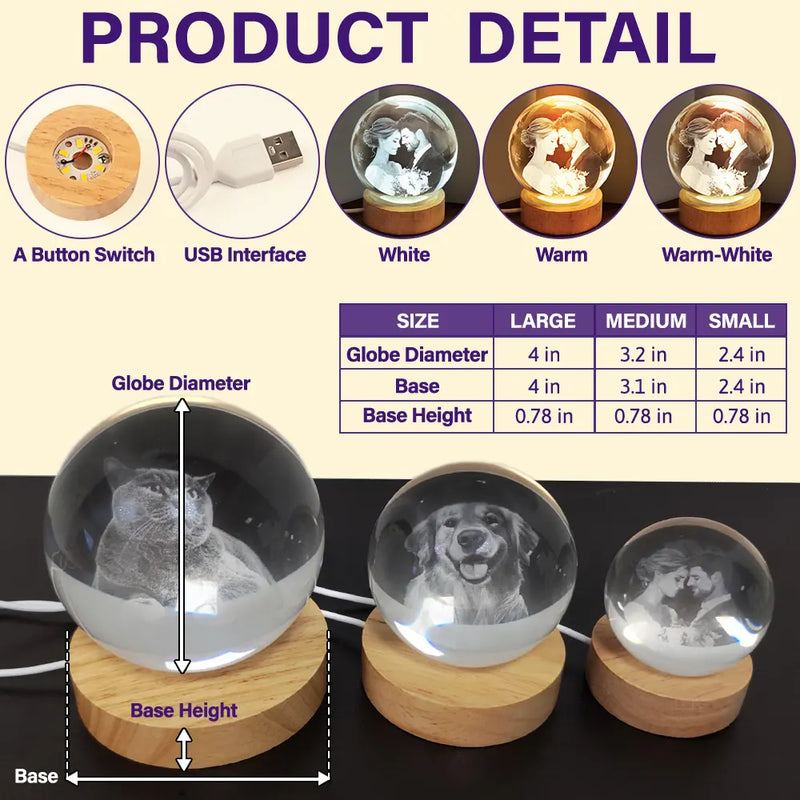 Sad,Memorial,Dog Lovers,Pet Lovers,Cat Lovers - Custom Photo Forever Loved Memorial Dog Cat - Personalized Crystal Globe Lamp