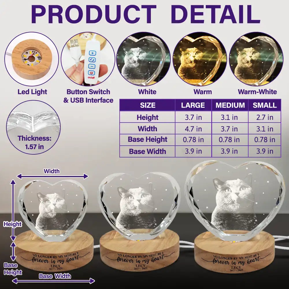 Pet Lovers,Cat Lovers,Dog Lovers,Sad,Memorial,Family - Custom Photo Forever Loved Memorial Dog Cat - Personalized Crystal Heart Shaped Lamp