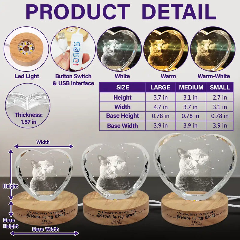 Pet Lovers,Cat Lovers,Dog Lovers,Sad,Memorial,Family - Custom Photo Forever Loved Memorial Dog Cat - Personalized Crystal Heart Shaped Lamp