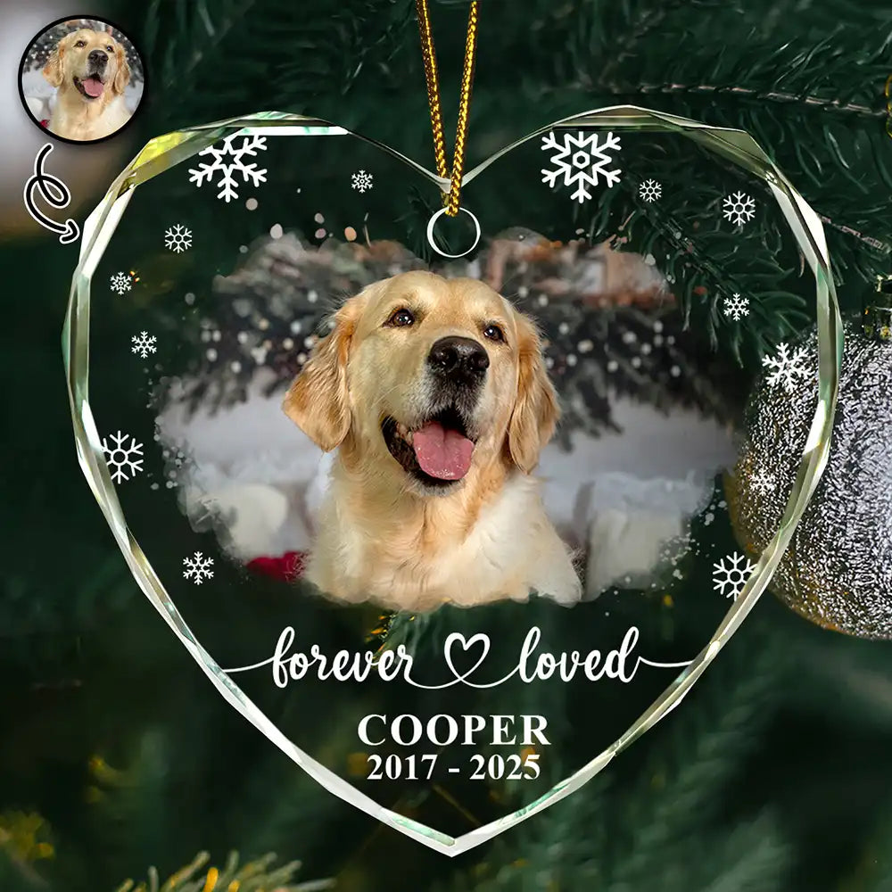 Custom Photo Pet Memorial Forever Loved - Personalized Heart Shaped Glass Ornament