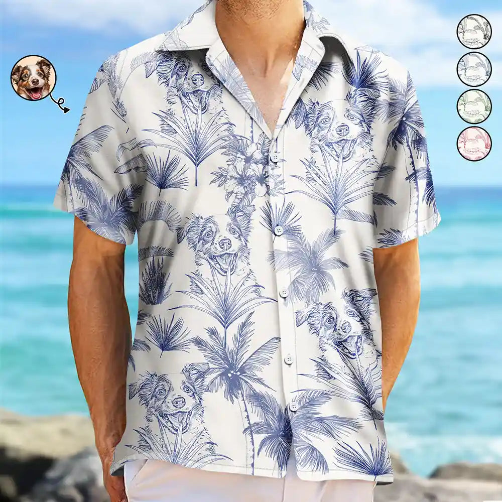 Custom Photo Pet Pencil Drawing Toile De Jouy Pattern - Personalized Hawaiian Shirt