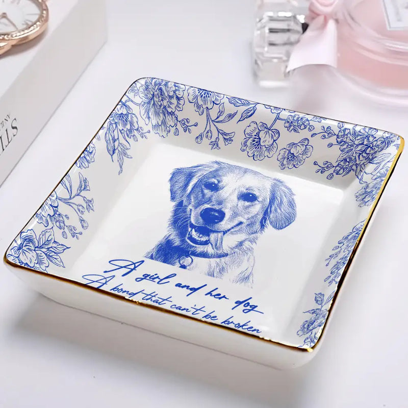Custom Photo Pencil Sketch A Girl And Her Pet - Personalized Ring Dish