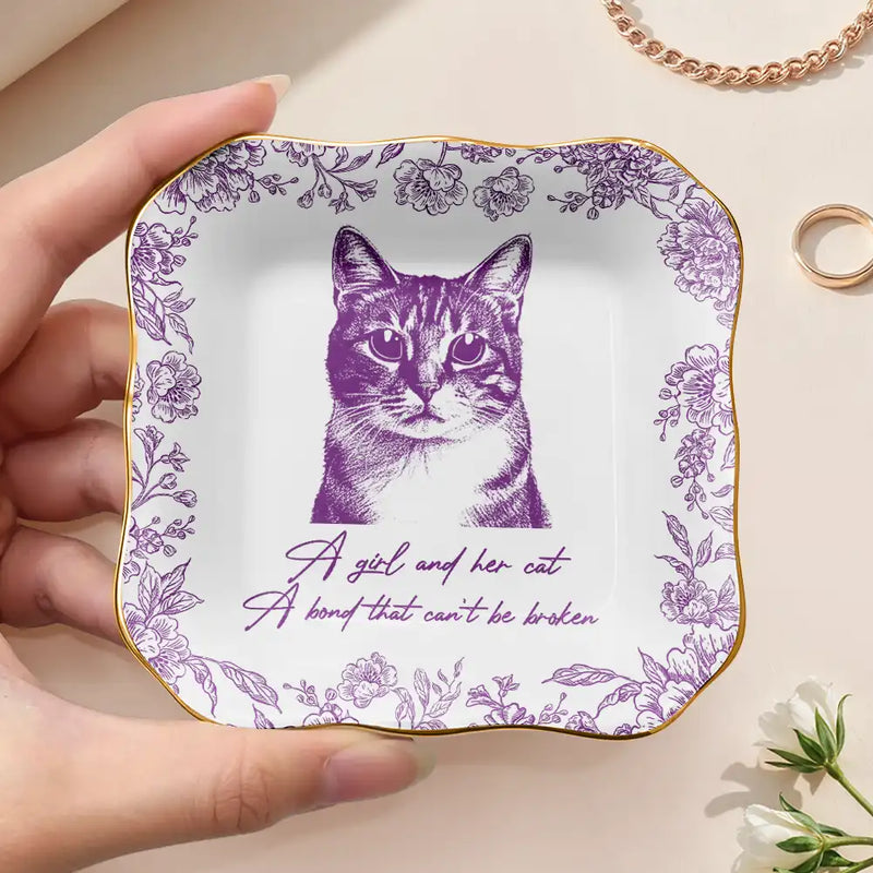 Custom Photo Pencil Sketch A Girl And Her Pet - Personalized Ring Dish
