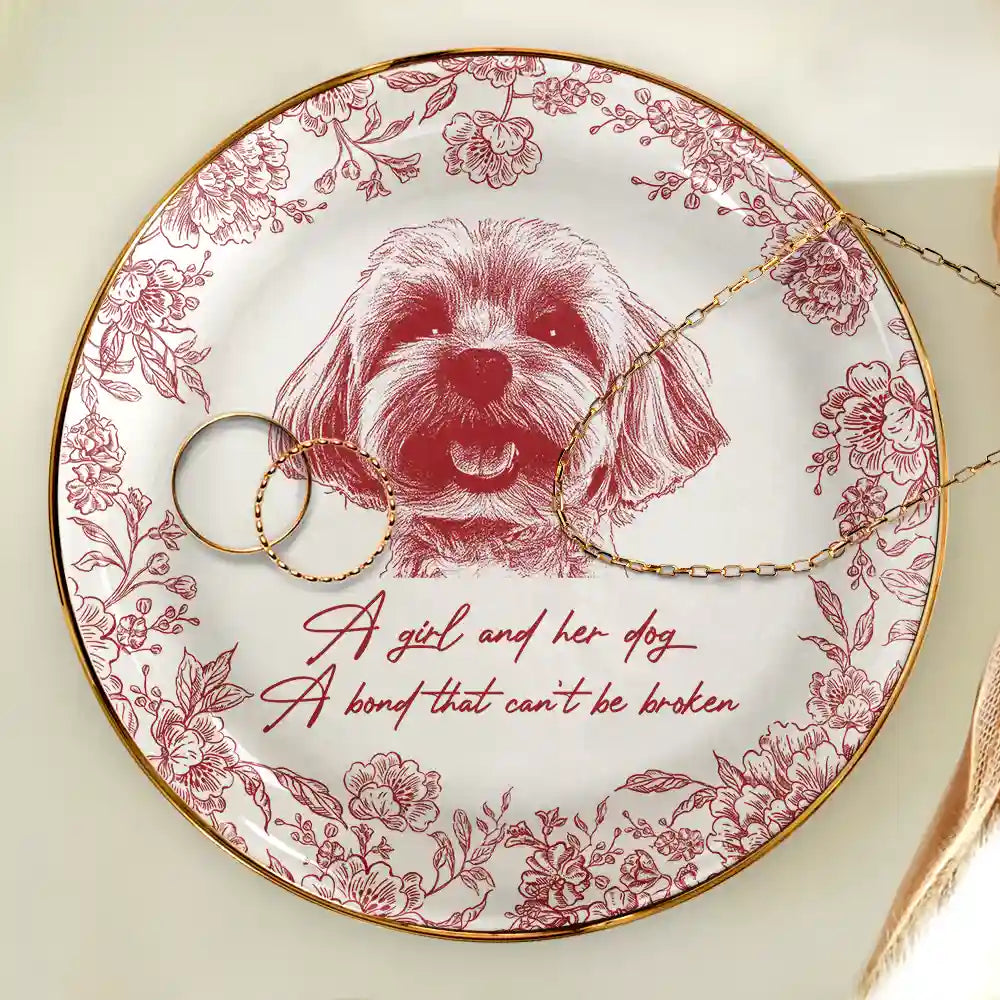 Custom Photo Pencil Sketch A Girl And Her Pet - Personalized Ring Dish