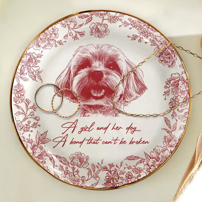 Custom Photo Pencil Sketch A Girl And Her Pet - Personalized Ring Dish