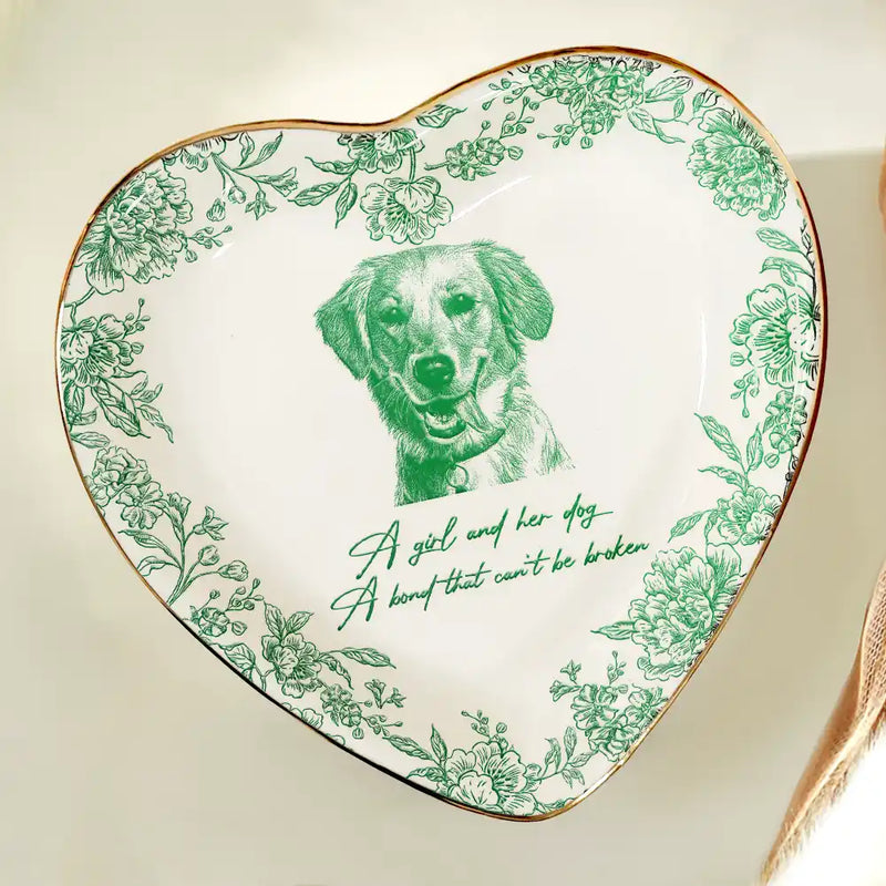 Custom Photo Pencil Sketch A Girl And Her Pet - Personalized Ring Dish