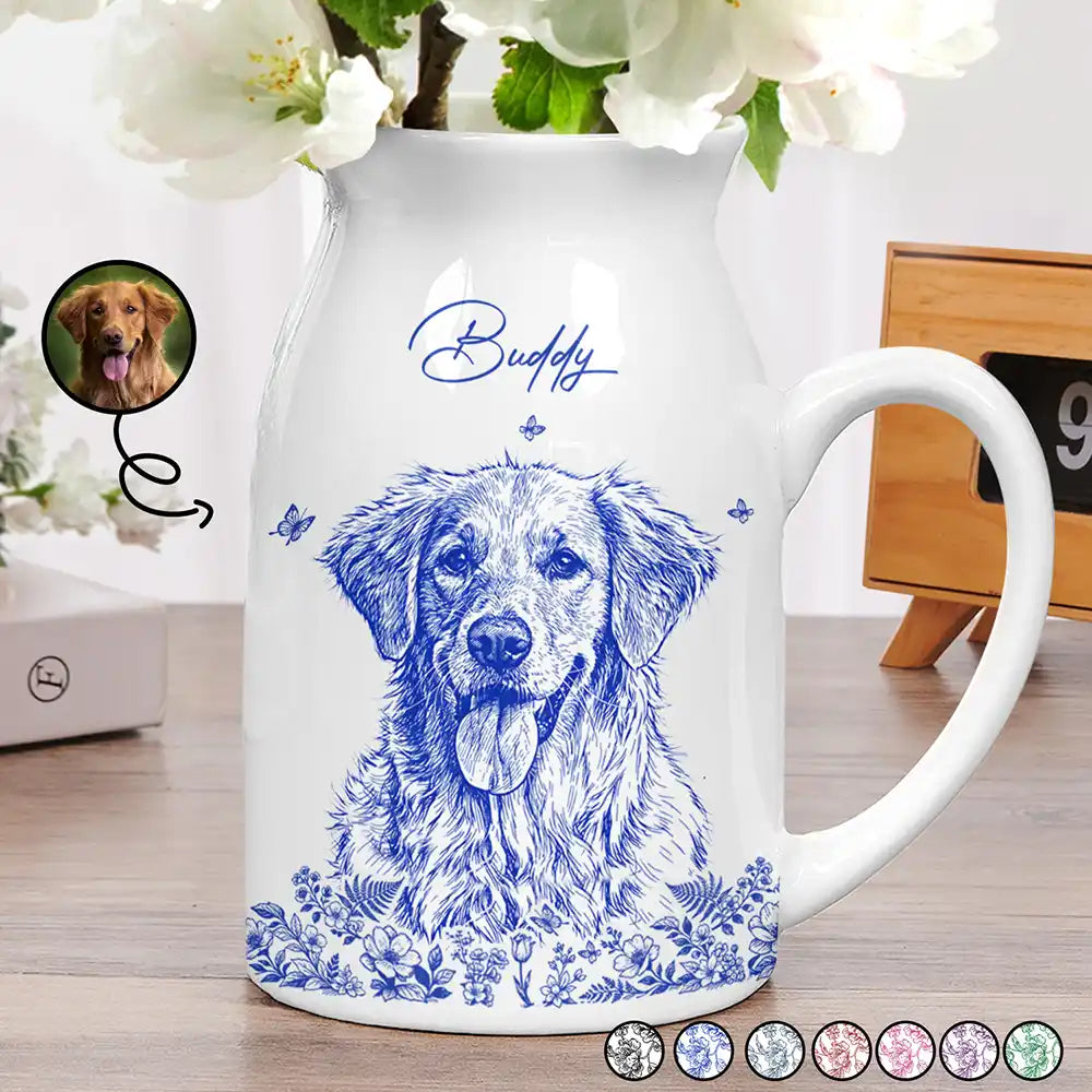 Custom Photo Pencil Sketch Art Dog Cat Pet Portrait - Personalized Ceramic Flower Vase