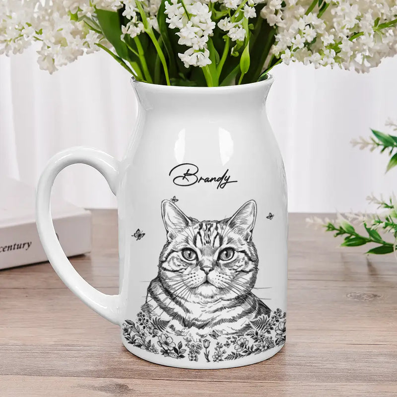 Custom Photo Pencil Sketch Art Dog Cat Pet Portrait - Personalized Ceramic Flower Vase