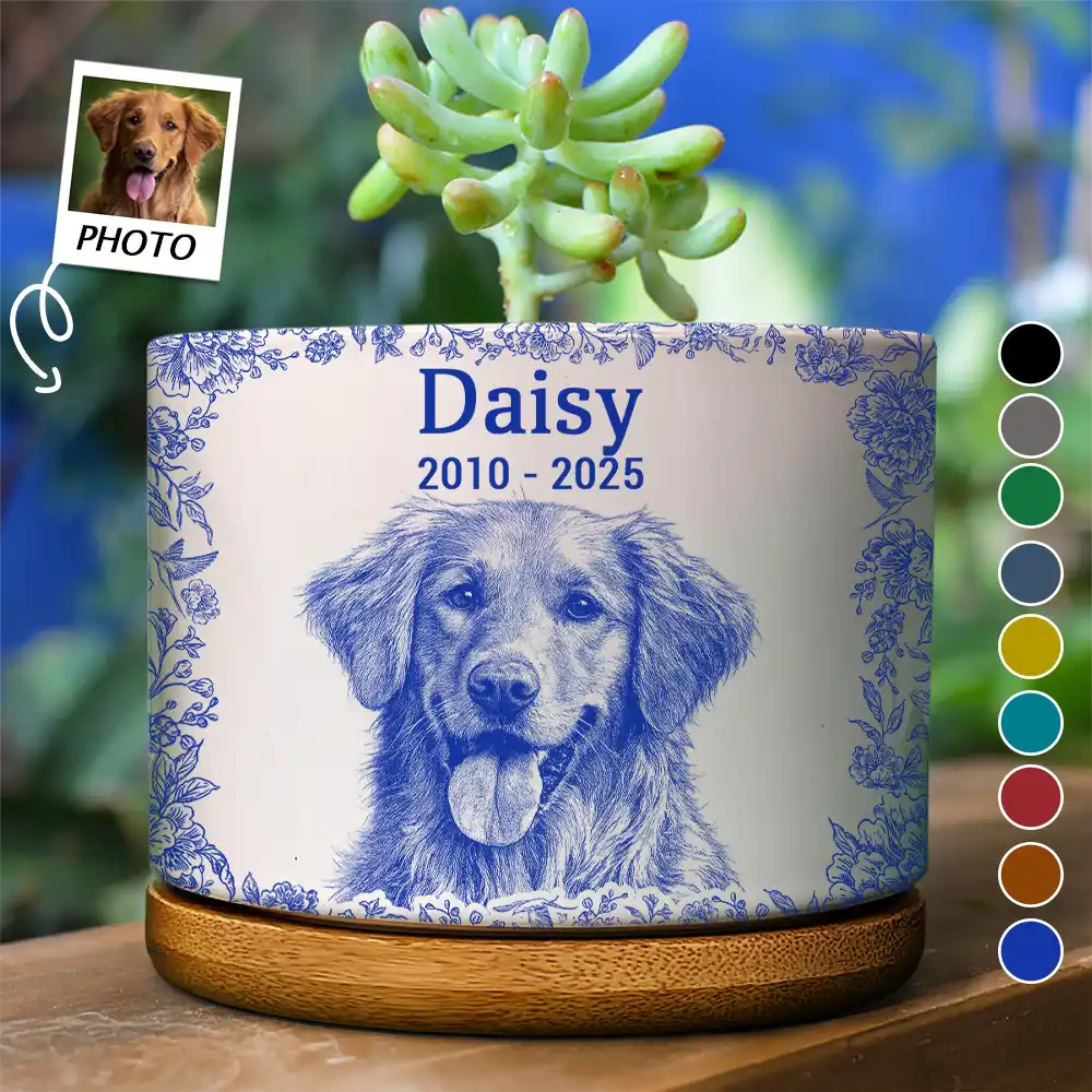 Custom Photo Pencil Sketch Memorial Dog Cat - Personalized Ceramic Plant Pot