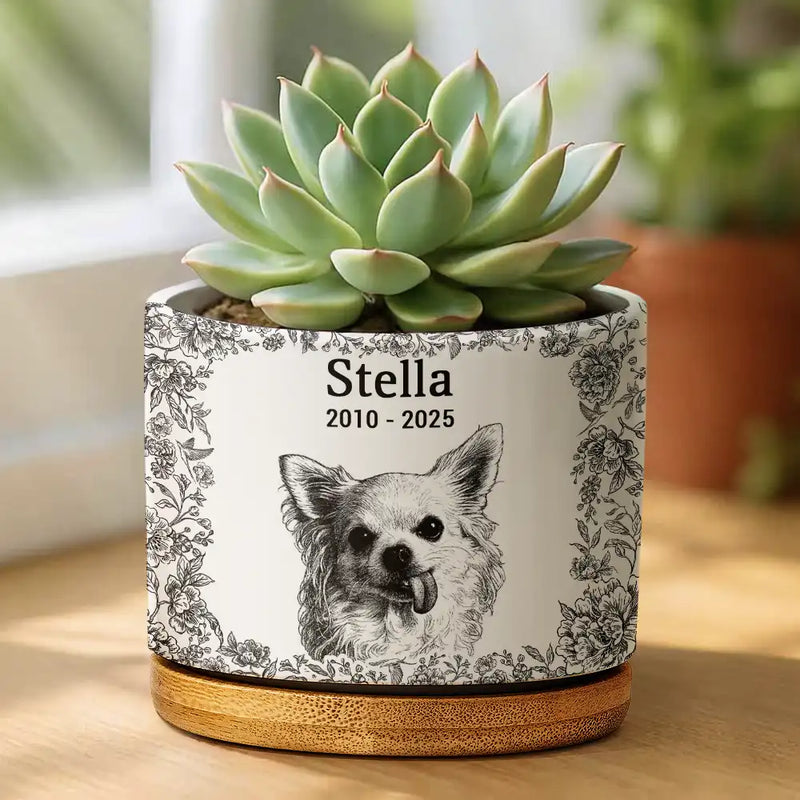 Custom Photo Pencil Sketch Memorial Dog Cat - Personalized Ceramic Plant Pot