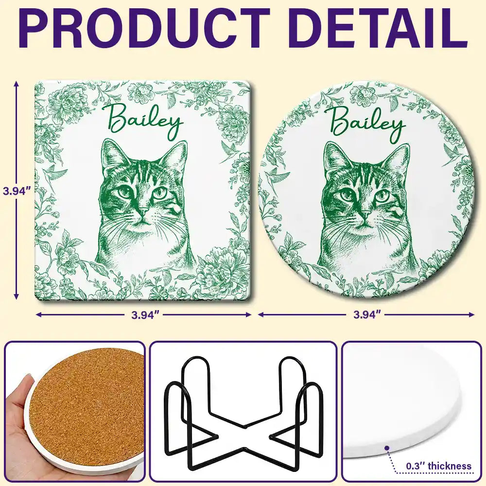 Custom Photo Pencil Sketch Dog Cat Pet Portrait - Personalized Ceramic Coaster
