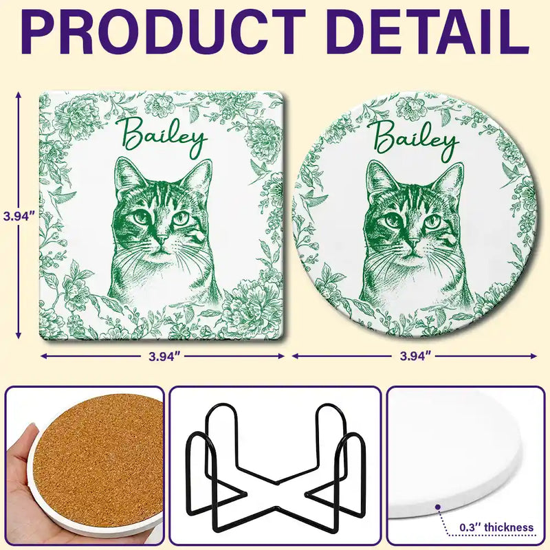 Custom Photo Pencil Sketch Dog Cat Pet Portrait - Personalized Ceramic Coaster