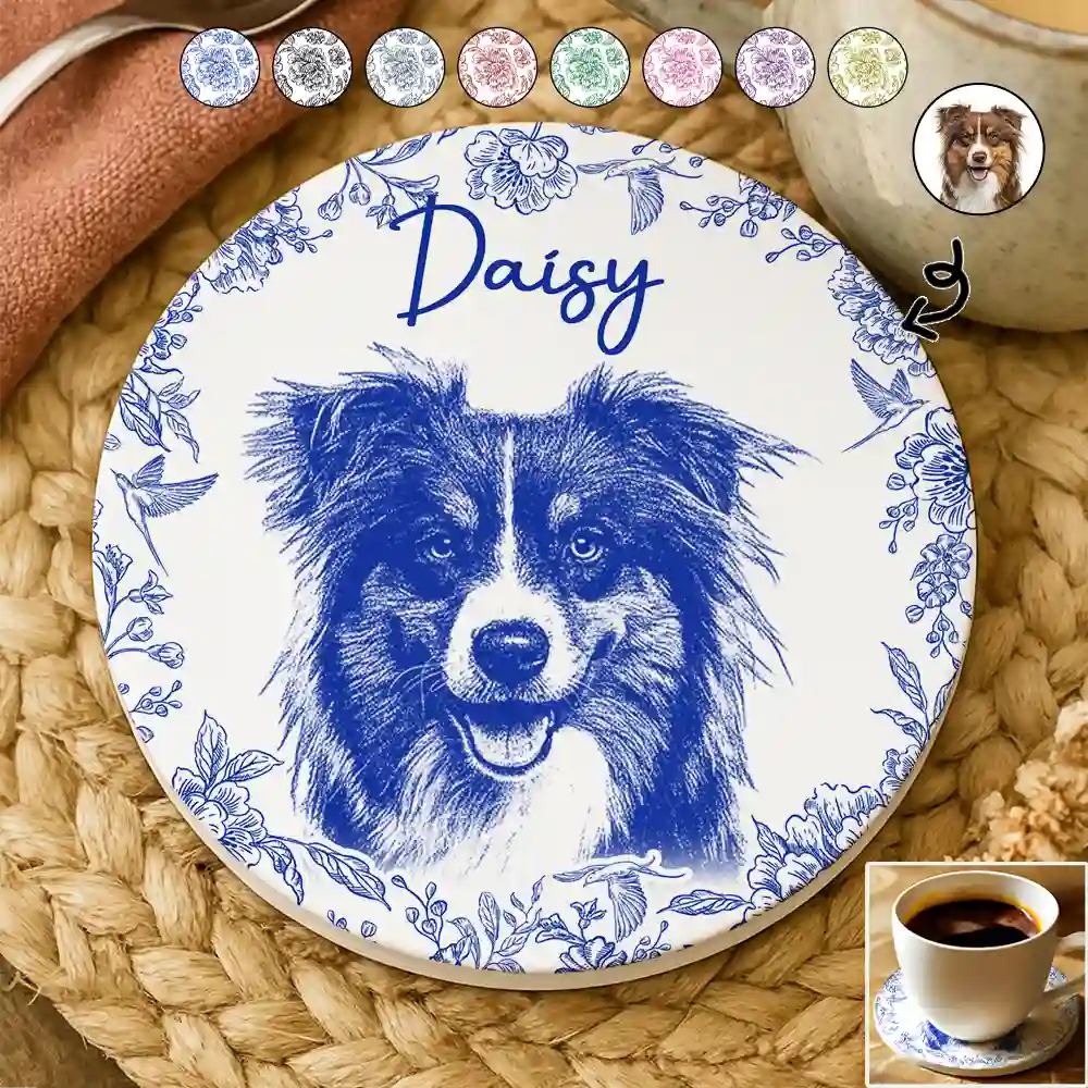 Custom Photo Pencil Sketch Dog Cat Pet Portrait - Personalized Ceramic Coaster