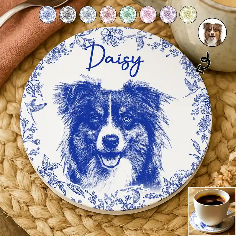 Custom Photo Pencil Sketch Dog Cat Pet Portrait - Personalized Ceramic Coaster